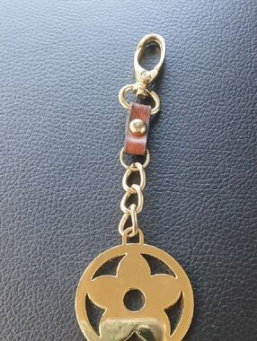 Gold-Tone Metal and Brown Leather Key & Card Holder Charm